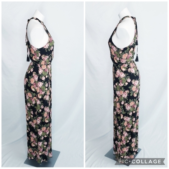 AEO American Eagle Floral Halter Maxi Dress Open Back Black - Picture 4 of 10